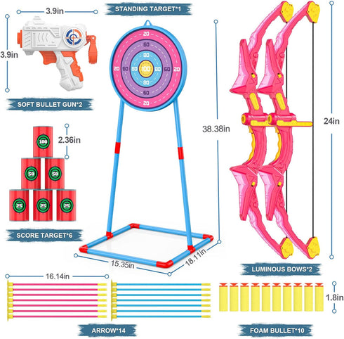 2 Pack Kids Bow and Arrow Set, Pink Light Up Archery Toy Set, Foam Dart Guns & 6 Target Cans for Ages 5-10 Birthday