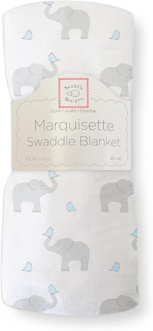 Marquisette Receiving Swaddle Blanket, SwaddleDesigns, Soft Premium Cotton Muslin, Elephant and Pastel Blue Chickies,