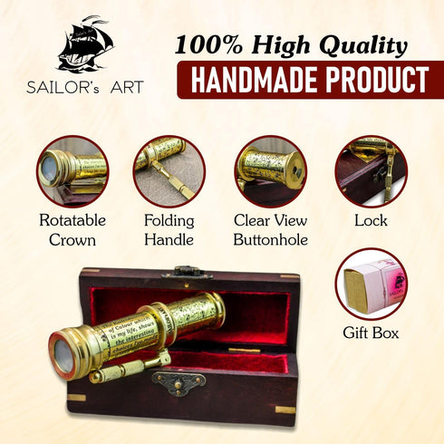 Polished Brass Kaleidoscope with Handheld Stick & Wooden Box, Vintage Educational Collection, 5.5 Inch Antique Gift