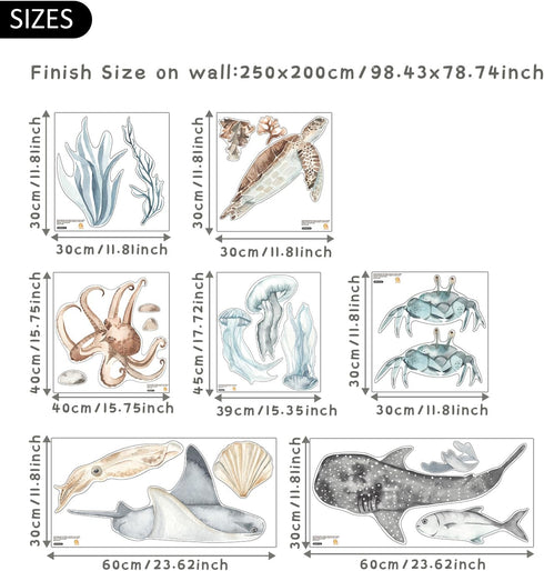 QUCHENG Ocean Wall Decals Marine Animal Boys Bedroom Large Stickers Removable Whale Decor Nursery Kids Room Murals DIY