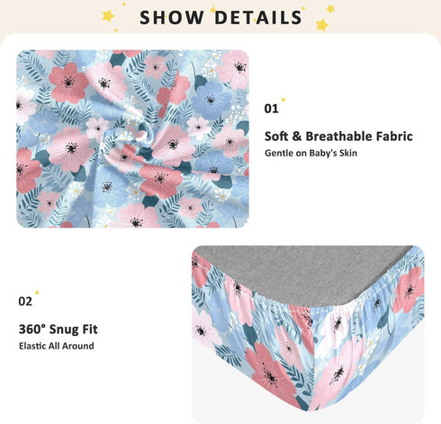 miaozhen 1 Pack 52x28 Cotton Baby Crib Sheets Soft Cute Cartoon Spring Wildflower Crib Mattress Sheet for Nursery Decor