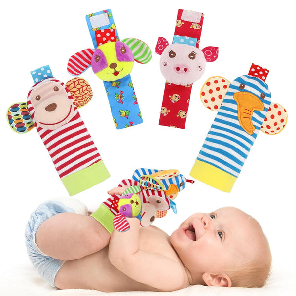 Soft Baby Rattle Toys, Foot Finder Socks & Wrists Rattles, Ankle Leg Hand Arm Bracelet Activity Rattle, 4pcs