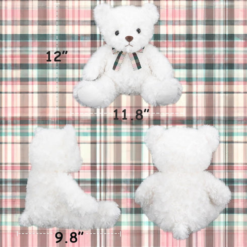 Fluffy White Teddy Bear Stuffed Animals, Plush Toys with Lattice Tie for Kids, 12 inches