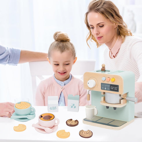 Playset, 23PCS Playset, 3 4 5 Kids Coffee Maker Wooden Kitchen Toys, Play Kitchen Accessories for Toddler, Espresso