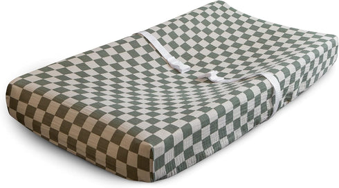 mushie Extra Soft Muslin Fitted Changing Pad Cover (Olive Check)