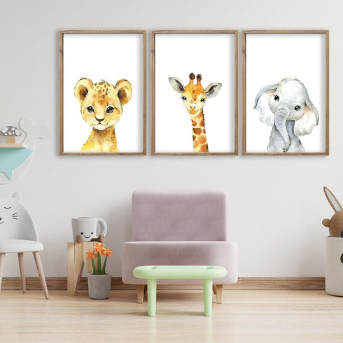 flowtorely 11x16 Inch Set 3 Baby Safari Nursery Wall Art Decor of Wood Framed Cute Animal Giraffe Elephant Lion Prints