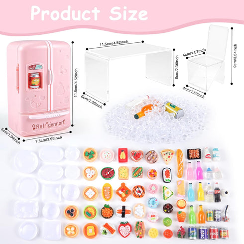 95 Pcs Dollhouse Refrigerator Mini Fridge Table Dining Car Toy with Food Set, Kitchen Furniture Miniatures for Children