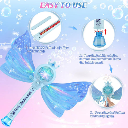 LED Light & Music Bubble Machine - Bubble Wands for Kids Girls | 3 AA Batteries & 2 Bubble Solutions | Outdoor Party