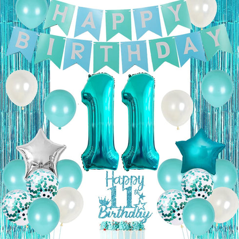 Happy 11th Birthday Decorations for Girls Teal - Teal Fringe Curtain, Turquoise Banner, Number 11 Foil Balloon, Cake
