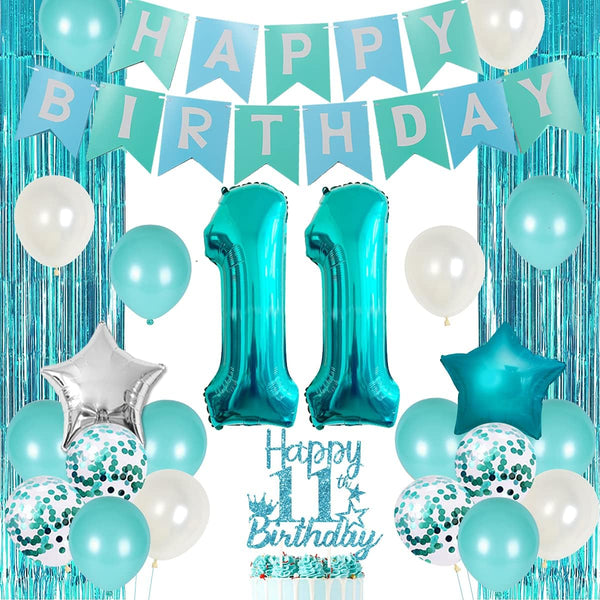 Happy 11th Birthday Decorations for Girls Teal - Teal Fringe Curtain, Turquoise Banner, Number 11 Foil Balloon, Cake