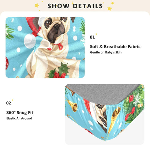 Bseiialft 52 28 Christmas Pugs Blue Crib Sheets for Boys Girls Soft and Breathable Cotton Baby Sheets for Standard Crib