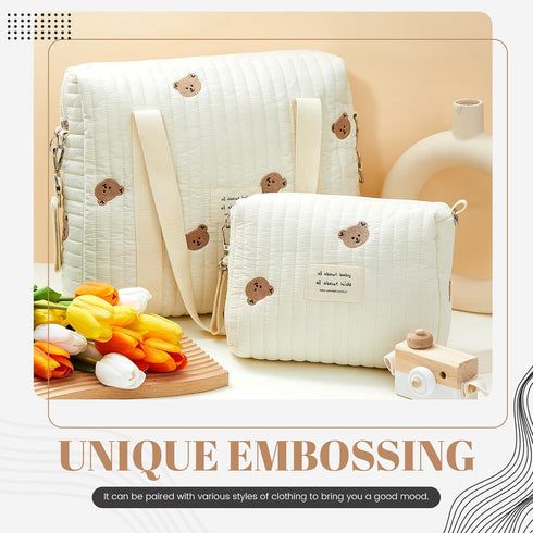 2pcs Set Paterr Quilted Diaper Bag Tote Multifunction Cotton Maternity Hospital Bag Overnight Travel Handbag for Women