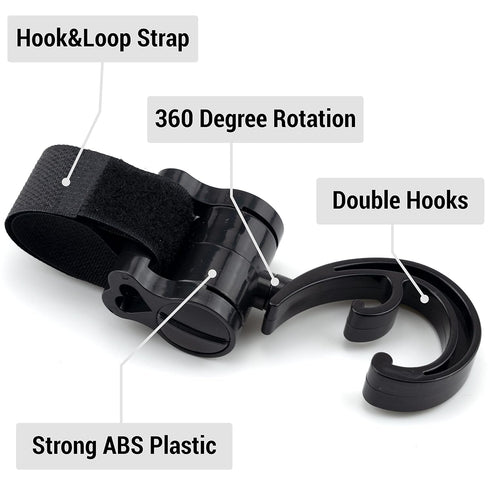 2 Pack Stroller Hooks, 360 Degree Rotatable Hanging Clips for Mommy, Multipurpose Stroller Clip Straps (Black)