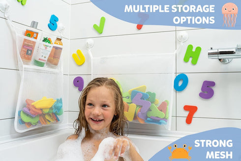 2 x Mesh Bath Toy Organizer + 8 Ultra Strong Hooks - Perfect Bathtub Toy Holder for Kids & Toddlers