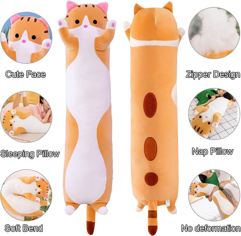 Giant Cat Pillow Plush Cartoon Kitty Sleeping Hugging Pillow, Soft Long Kitten Body Doll Cushion Toy for Kids