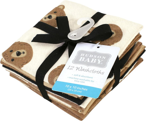12 Pack, Hudson Baby Unisex Baby Flannel Cotton Washcloths, Brown Bear One Size