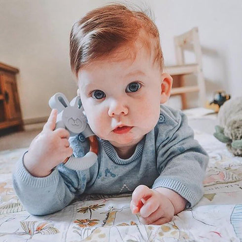 Personalized Wooden Bunny Silicone Teething Ring, Custom Engraved Bunny Silicone Teether with Name Teething Toys