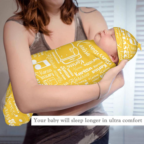 YallLocoMo Personalized Baby Swaddle Blanket for Boys Girls Note Name Text Yellow Custom Name Receiving Blanket