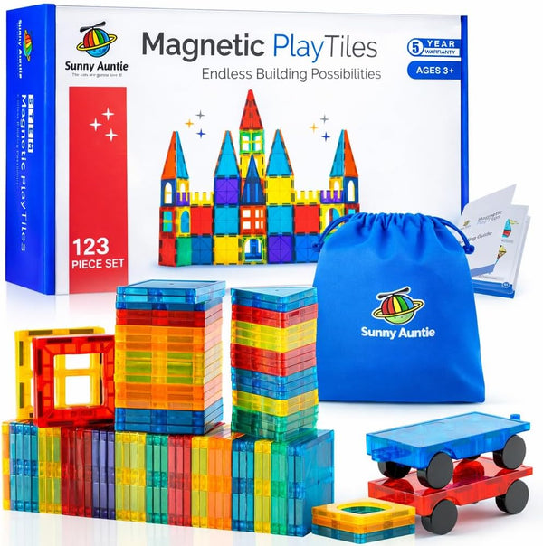 SUNNY AUNTIE Magnetic Tiles 123 PCS with 2 Cars & Storage Bag