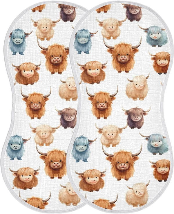 KEIGE 2Pcs Cute Highland Cow Pattern Burp Cloth,Unisex Large Absorbent Soft Cotton Muslin