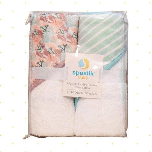 Set Pack 2, Spasilk Extra Plush Hooded Towel for Babies, Soft Terry with Muslin Printed Hood, of Pink Corals