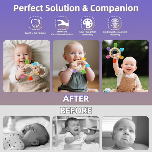 0-6 6-12 0-24Months Baby Teething Rings Toys for Months Baby Rattle Teether Sensory Toys for Babies Silicone Teether