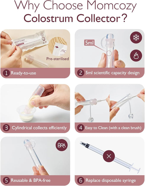 Momcozy 5ml-6pcs Colostrum Collector Reusable Breast Milk Collector with Storage Case and Cotton Wipe, Portable