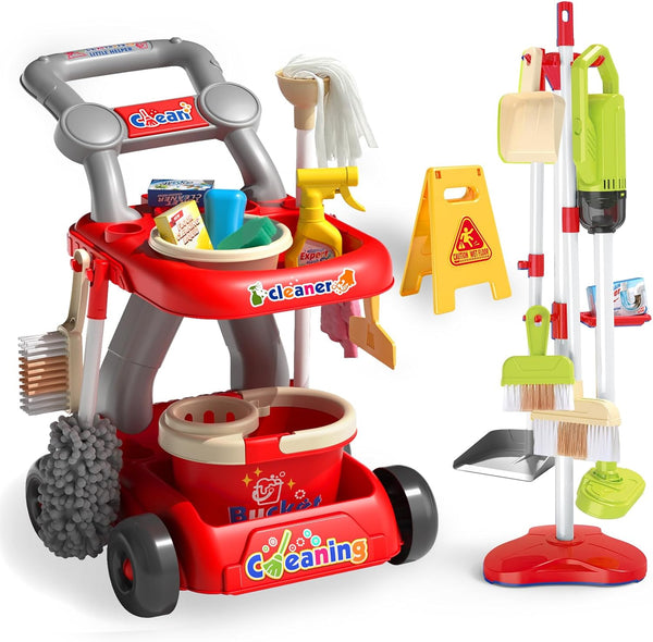 Siwuoke Kids Cleaning Toy Set, Educational Pretend Play Cart with 29 Pcs, Detachable