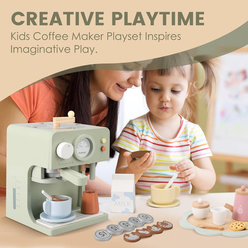 Kids Wooden Coffee Maker Toy with Grinder, Pretend Play Kitchen Appliances Gift for Toddlers