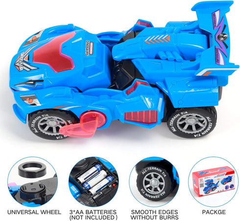 Transforming Dinosaur LED Car Toy, 2 in 1 Automatic Dino Transformer, Kids Ages 3-12, Blue, with Lamps