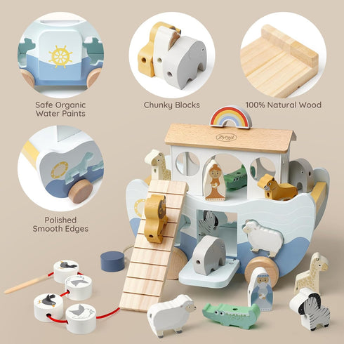 1 1-3 Joyreal Wooden Noah's Ark Toy for Year Old Baby Boy and Girl Baptism Gift - Neutral Color Montessori Educational