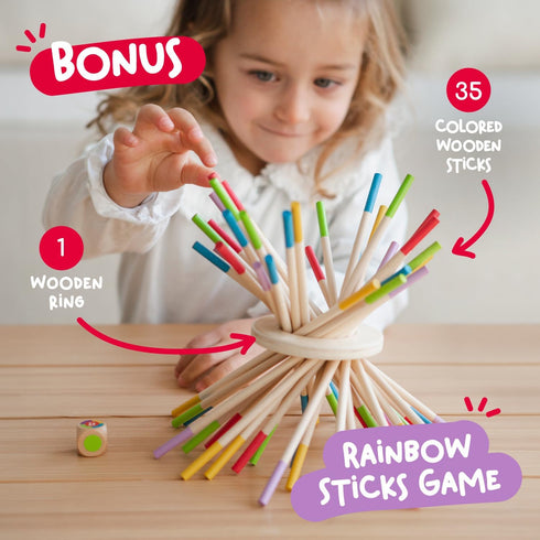 Nene Toys BALLFALL 4-in-1 Montessori Game with Colorful Sticks, Dice & Cards for Kids 3+ Years - Educational Wooden