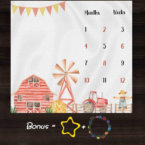 Farm Theme Baby Monthly Milestone Blanket, 48x40in Soft Flannel, Tractor and Barn Backgrounds, Newborn Mom Gifts, Baby Shower Age Growth Tracker with Bonus Maker BTWYFS76 by F-FUN SOUL