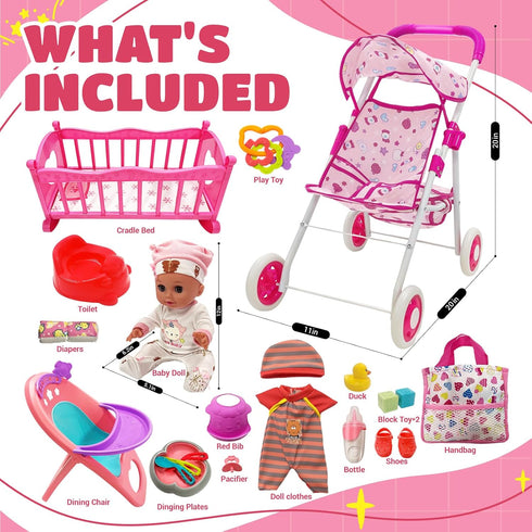 Set Playset 3 4 5 6 Baby Doll Toys with Stroller, Crib, Dining Chair, Realistic Doll Accessories for Kids Pretend Play