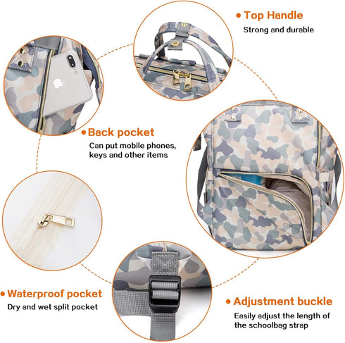 LIMHOO Backpack Diaper Bag for Men Dad, Waterproof Large Canvas Camo Nappy Bags, Baby Care Bag (Light Camo)