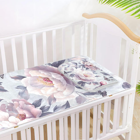 SyXIOP 28" 52" Art Peonies Silver Cooling Baby Mattress Protector pad x Breathable Crib Mattress pad for Baby&Toddler