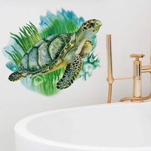ROFARSO Lifelike Cute Green Sea Turtle Animal 3D Vinyl Bathroom Wall Stickers, Removable Wall Decals for Nursery and