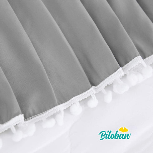 14" Crib Bed Skirt Grey Pleated with White Lovely Pompoms, Bedding Dust Ruffle for Boys, Drop, Fit All Standard Crib