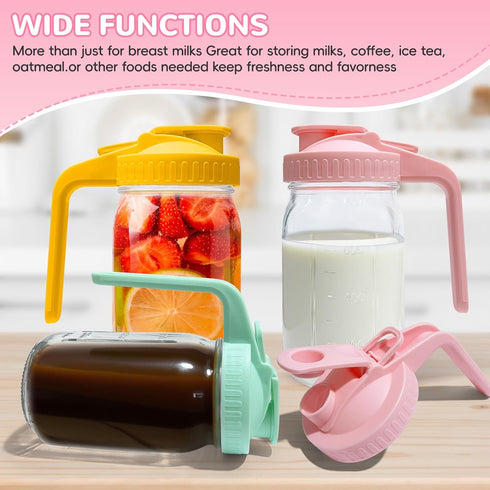 Riznpo 2 PACK 32OZ Breast Milk Pitcher Glass Breastmilk Pitcher with Lids Leak-proof Wide-mouth Mason Jar