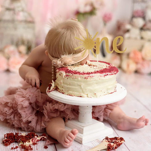 Cake Topper for Baby 1st Birthday - Gold Glitter Sunshine ONE Anniversary Shower Topper for Party Cake Decorating