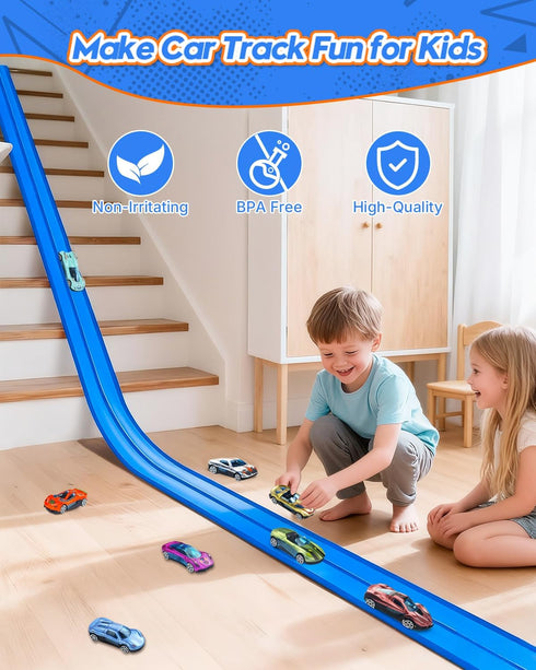 15 3 6 1/64 Ft Flexible Car Tracks for Kids Age Up, Race Track with Toy Cars, Flex Track Compatible Diecast Cars