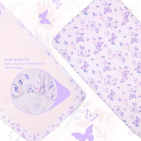 Set 3 Set Set Cloele Crib Bedding for Girls, Pieces Floral Butterfly Baby Bedding -Includes Comforter Fitted Sheet Crib