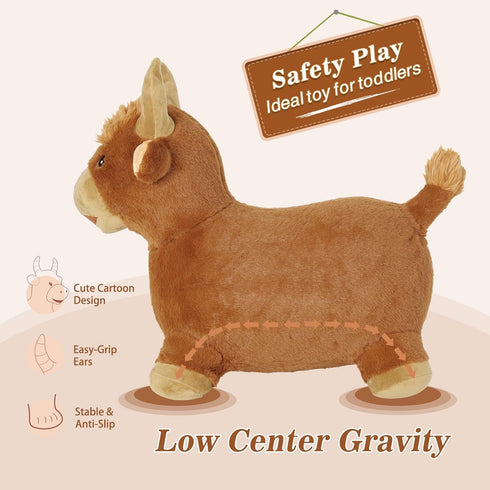 INPANY Bouncy Bull Hopping Toys, Brown Plush Highland Cow Hopper for Kids, Inflatable Farm Animal Bouncer for 2-4 Year