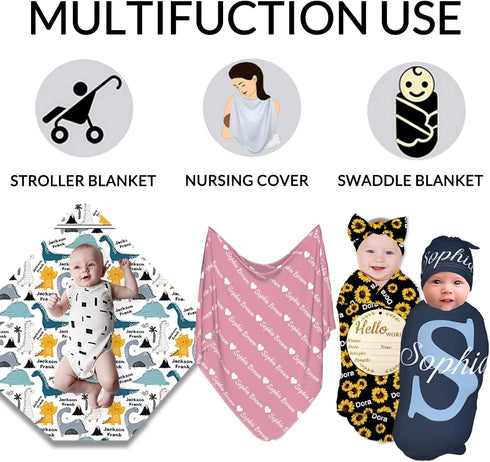 Nevaou Set Personalized Swaddle Blanket Boy Girl Newborn Essentials Custom Baby Name Blanket with Bow Headband and Hat