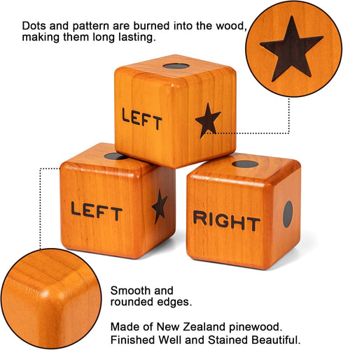 Giant Right Center Left Dice Game with 24 Large Chips & Carry Bag, 3.5" Wooden Outdoor Lawn Dice Game