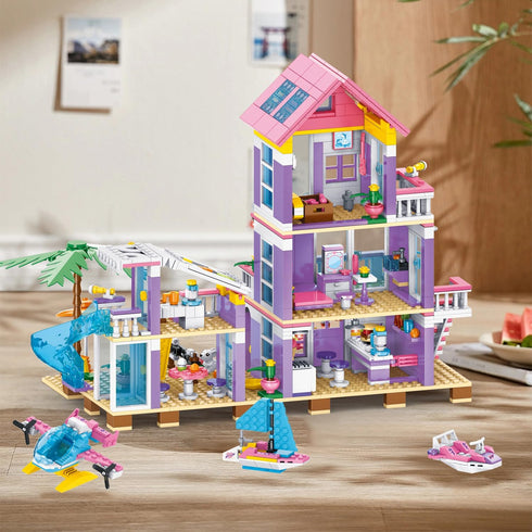 955 Set,Seaside Set,STEM Helicopter,Yacht,Sailboat,Christmas 6-12+ WINGIFT Piece Beach House Building Beach Villa