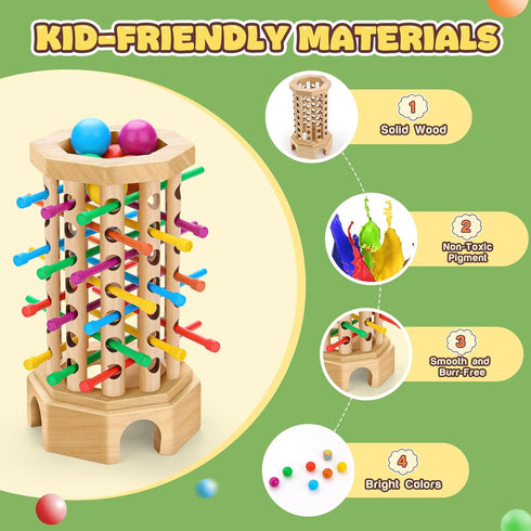 3-6 Montessori Wooden Board Game for Kids Years - Educational Learning Toy with Colorful Sticks, Dice& Balls - Fine