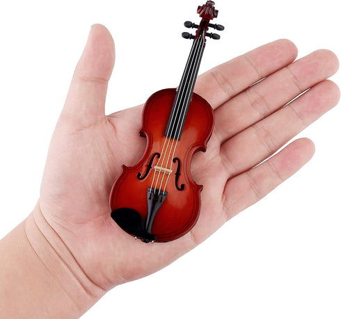 Dselvgvu Wooden Miniature Violin with Stand, Bow & Case - Mini Musical Instrument Dollhouse Model Decoration