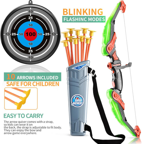 TEMI Kids Bow and Arrow Set, LED Light Up Archery Toy Set with 10 Suction Cup Arrows, Indoor Outdoor Toys