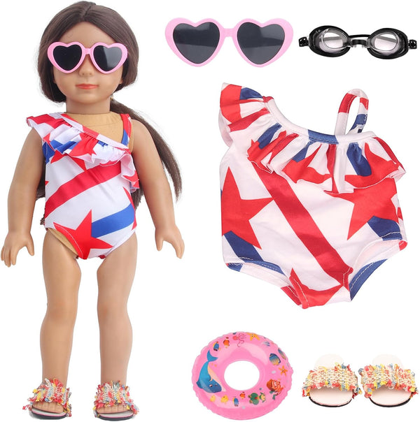 18 Inch Doll Summer Outfits Set, Vibrant Swimming Playset for American Doll Girls with Bikini Swimsuits and Accessories